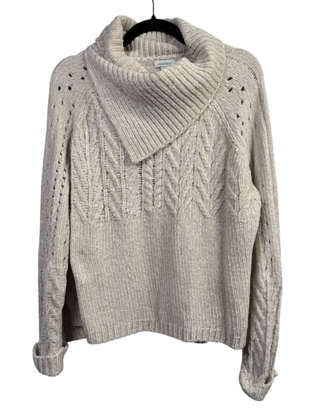 Sundance Cream Chenille Knit Cowl Neck Sweater Cable Stitch Eyelet Womens Small
